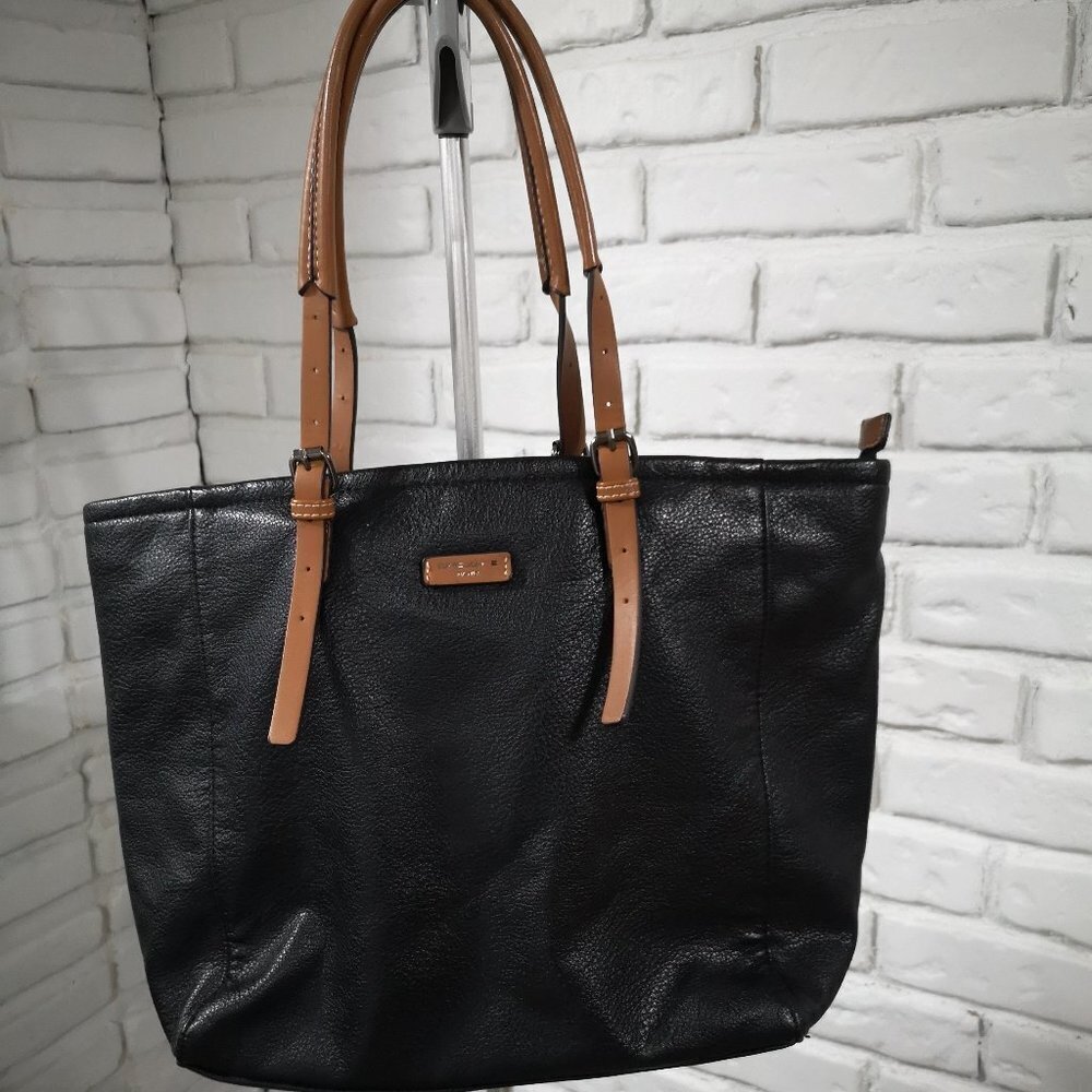 David Jones Black with Tan Adjustable Handles Zipper Closure Handbag